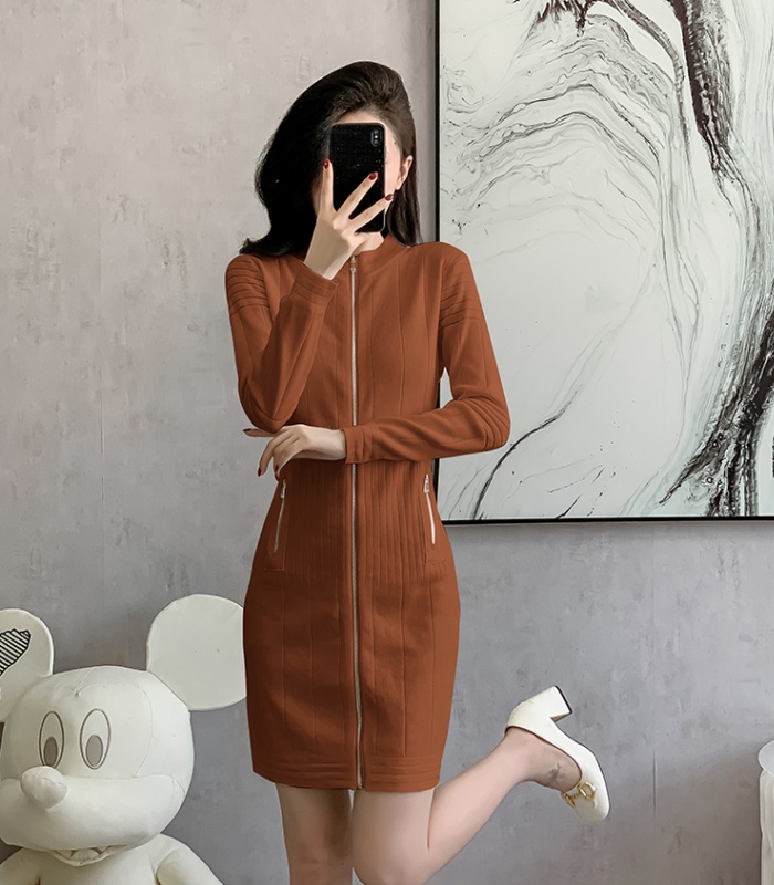 Zip temperament cardigan package hip knitted dress