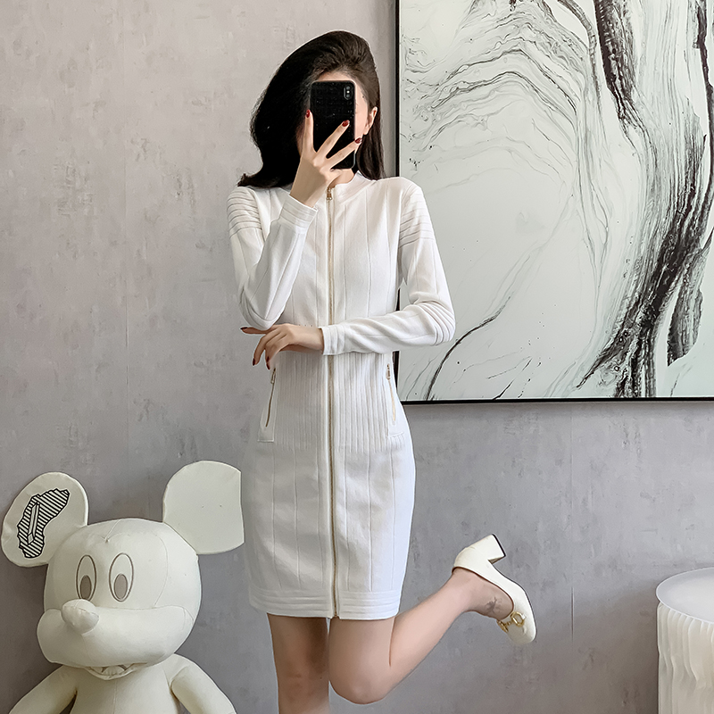 Zip temperament cardigan package hip knitted dress