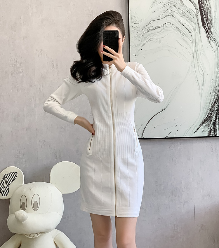 Zip temperament cardigan package hip knitted dress