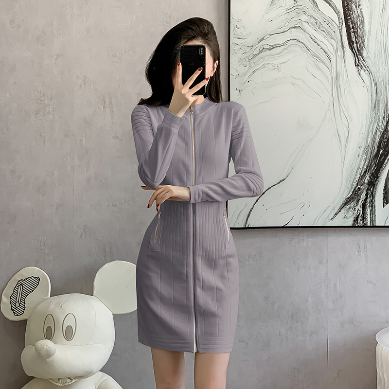 Zip temperament cardigan package hip knitted dress