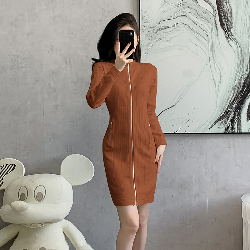 Zip temperament cardigan package hip knitted dress