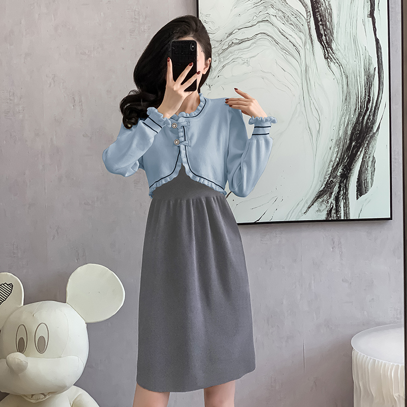 Autumn and winter Pseudo-two sweater tender knitted dress