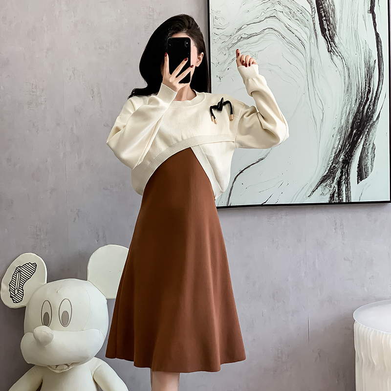 Chinese style sweater long dress 2pcs set for women