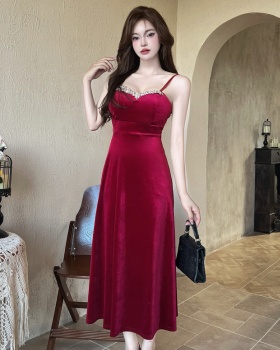 Fold wrapped chest long dress sexy velvet dress for women