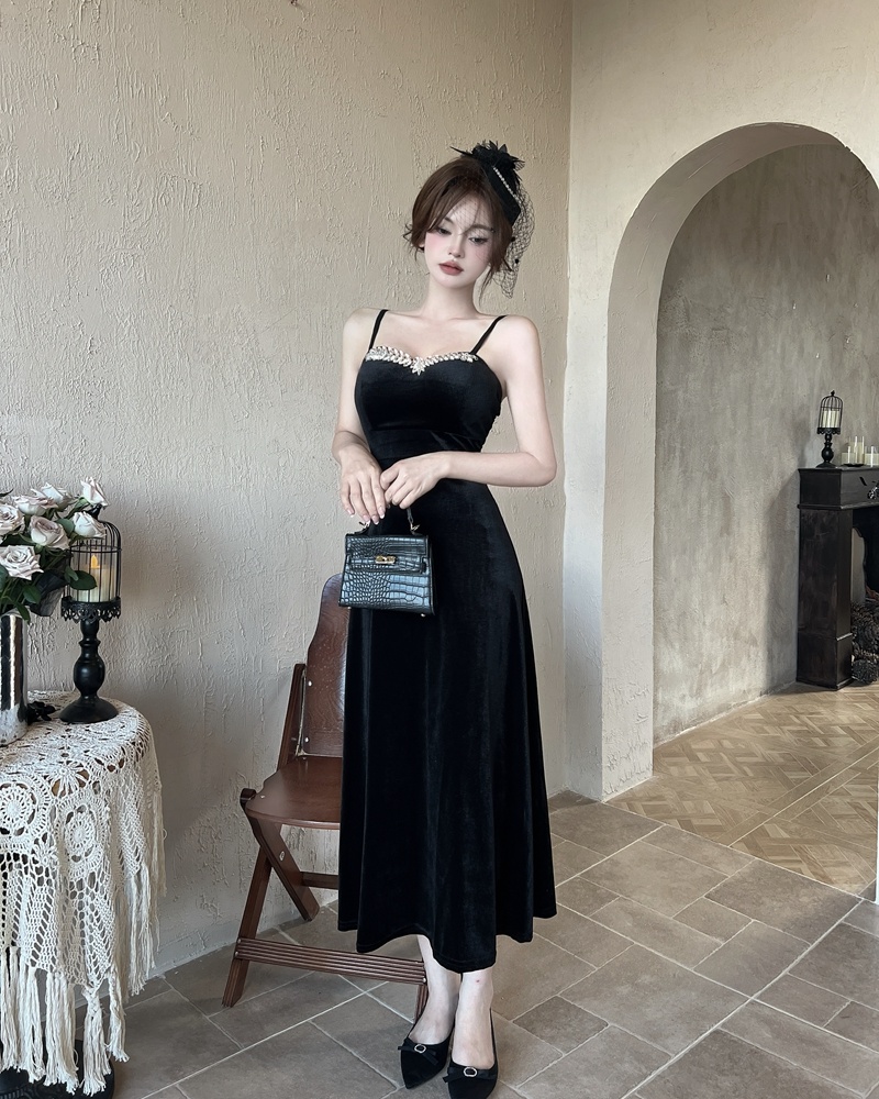 Fold wrapped chest long dress sexy velvet dress for women