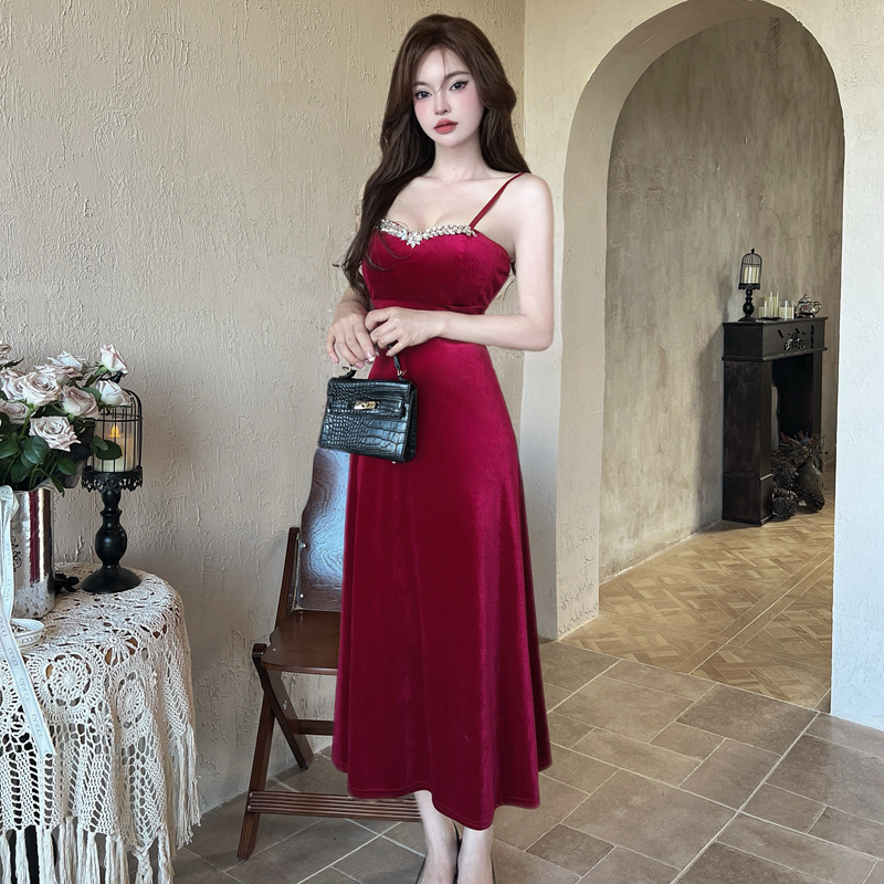 Fold wrapped chest long dress sexy velvet dress for women