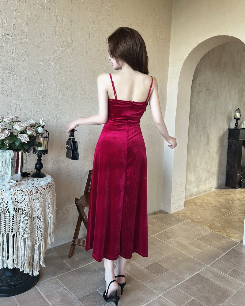 Fold wrapped chest long dress sexy velvet dress for women