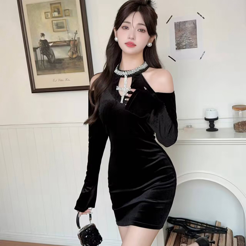 Velvet halter formal dress slim autumn and winter dress