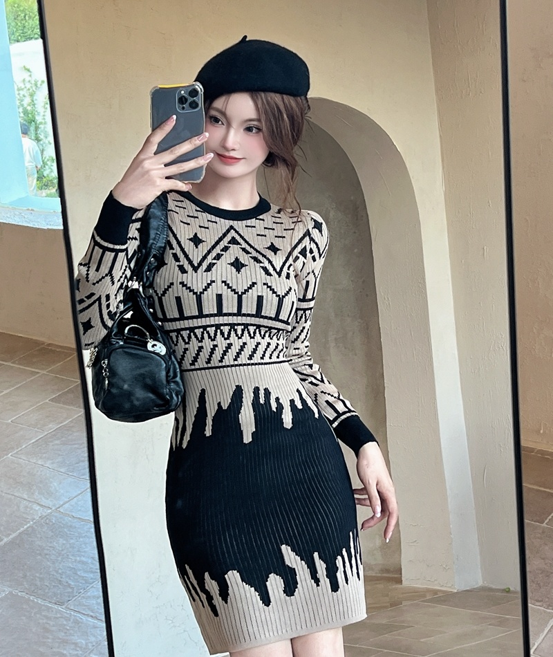 Pattern long sleeve sweater dress retro dress