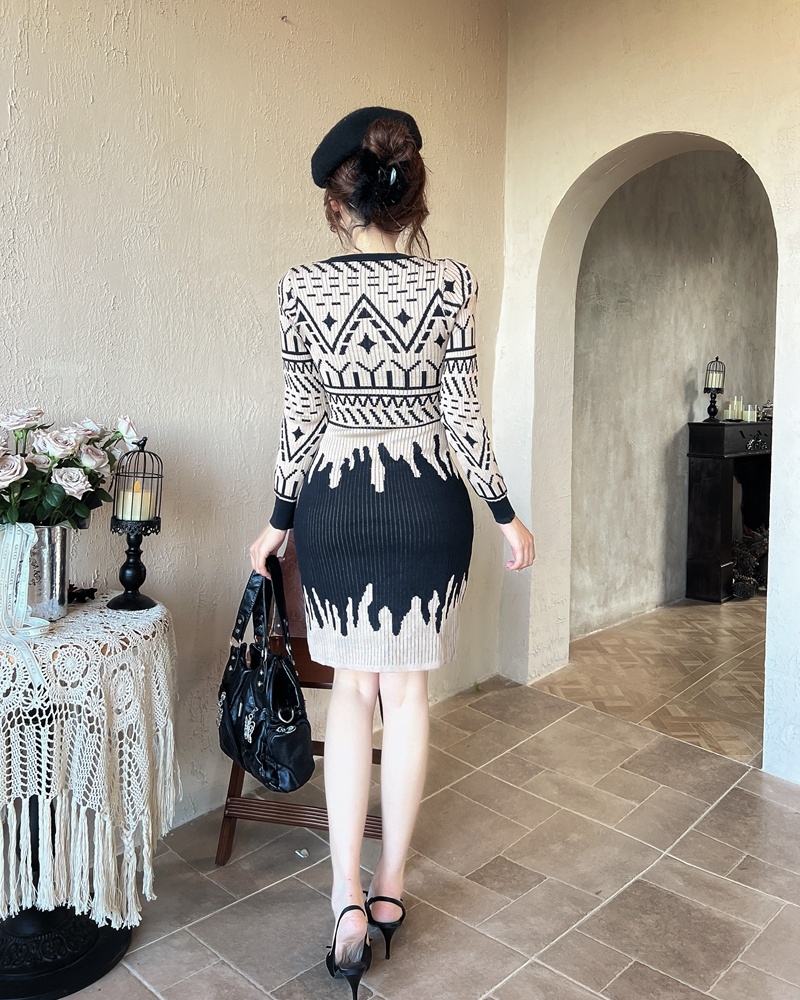 Pattern long sleeve sweater dress retro dress