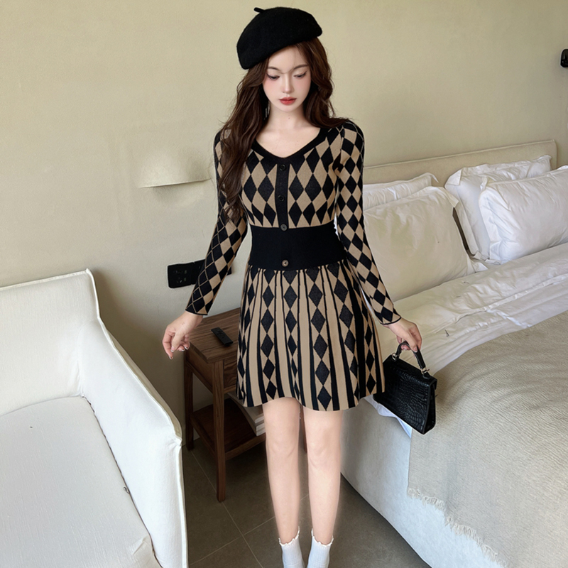 Knitted swing square collar dress sexy geometry sweater dress