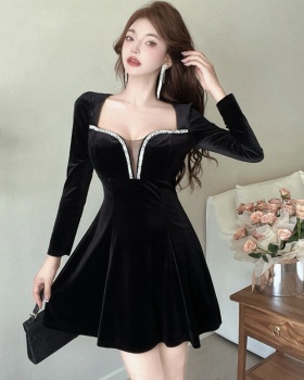 A-line overalls France style formal dress sexy V-neck velvet dress