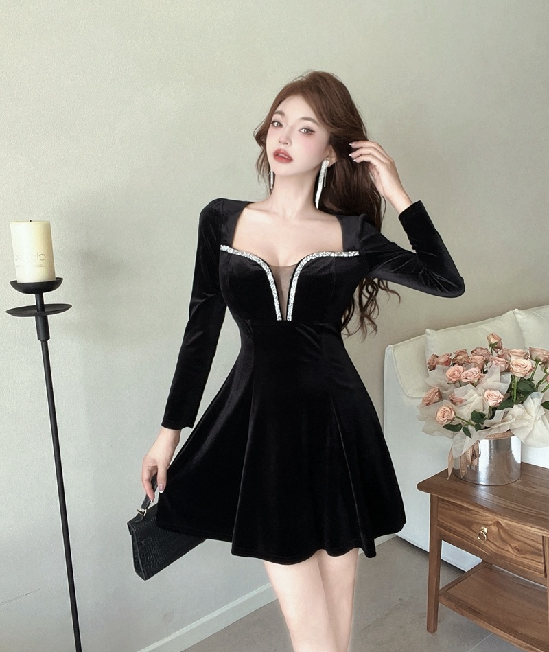 A-line overalls France style formal dress sexy V-neck velvet dress