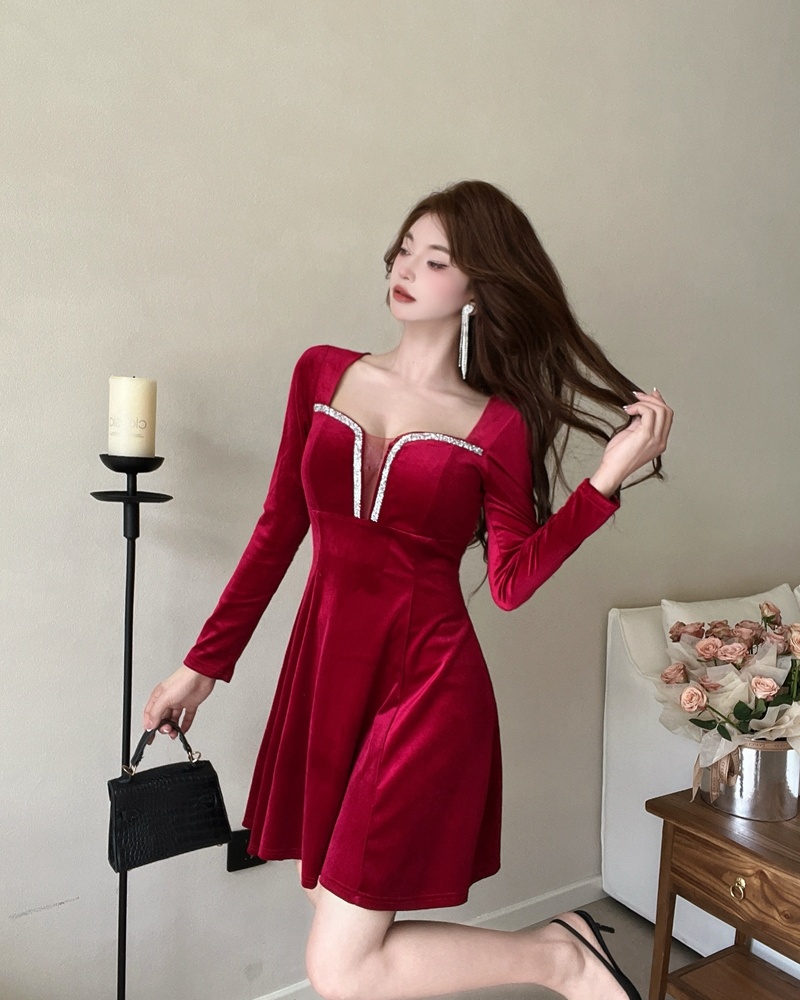 A-line overalls France style formal dress sexy V-neck velvet dress