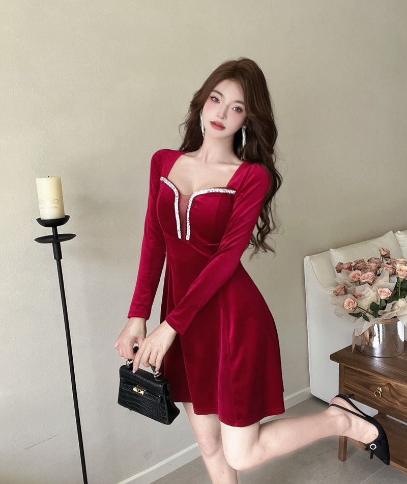 A-line overalls France style formal dress sexy V-neck velvet dress