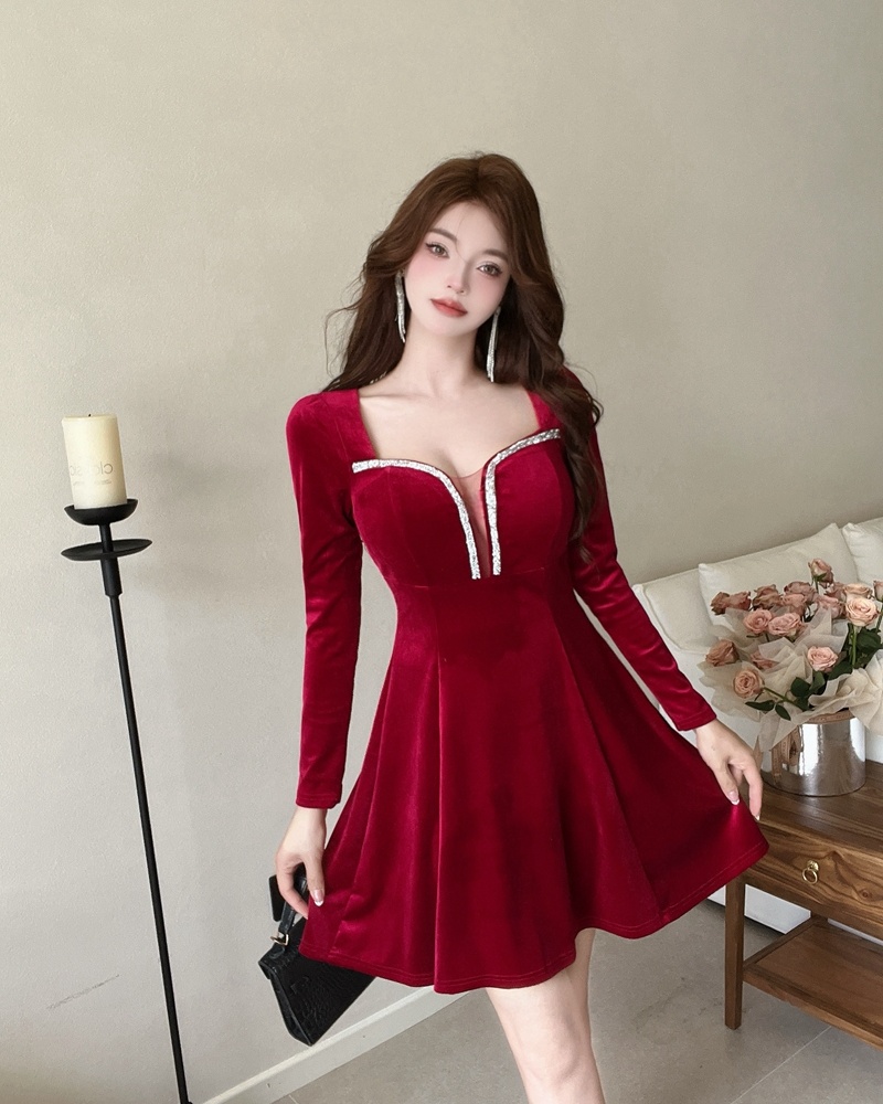 A-line overalls France style formal dress sexy V-neck velvet dress