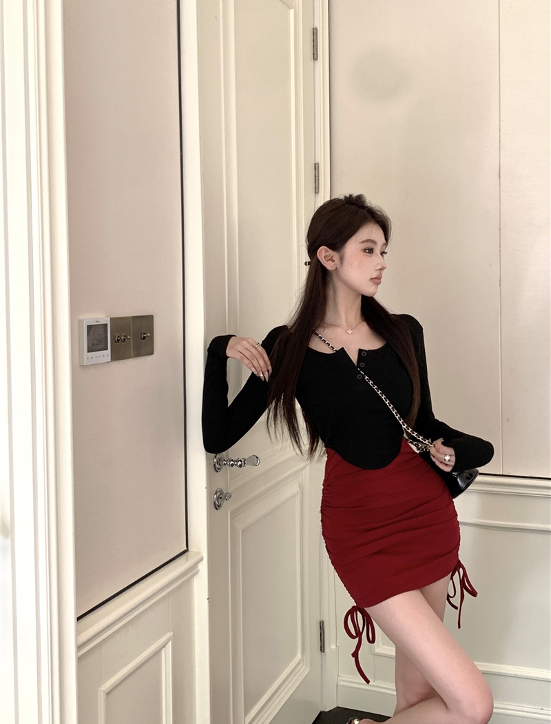 Slim long sleeve tops temperament fold dress 2pcs set