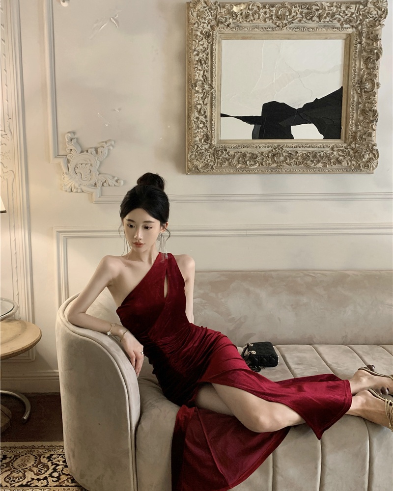 Fold slim velvet formal dress hollow ladies sloping shoulder dress