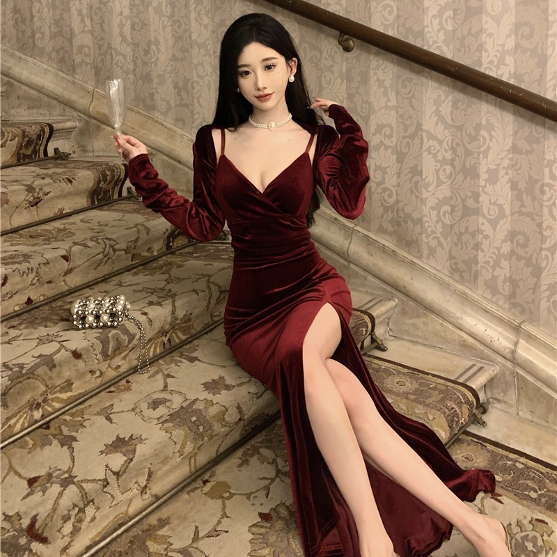 Velvet long small shawl split sling dress 2pcs set