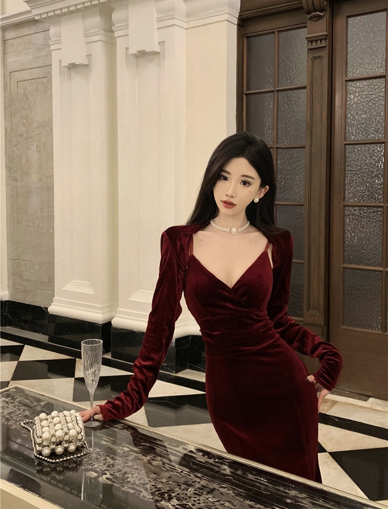 Velvet long small shawl split sling dress 2pcs set