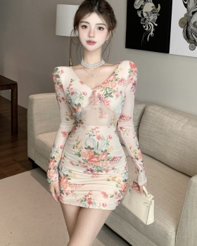 Printing elasticity hollow sexy dress for women