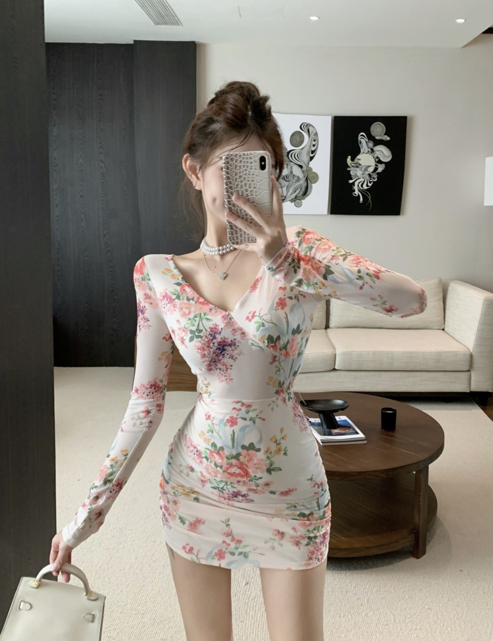 Printing elasticity hollow sexy dress for women