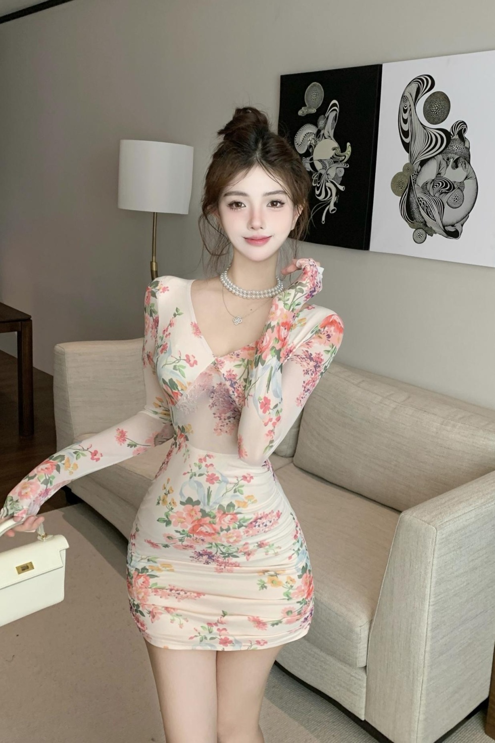 Printing elasticity hollow sexy dress for women