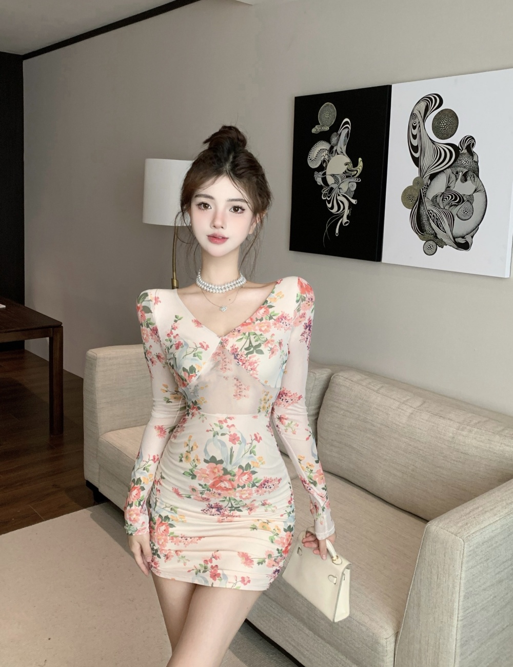 Printing elasticity hollow sexy dress for women