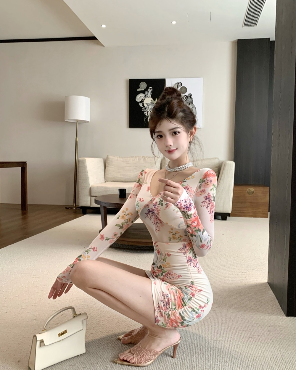 Printing elasticity hollow sexy dress for women