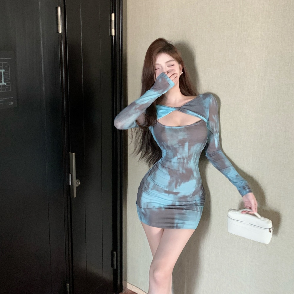 Printing tight long sleeve gauze spicegirl sexy dress