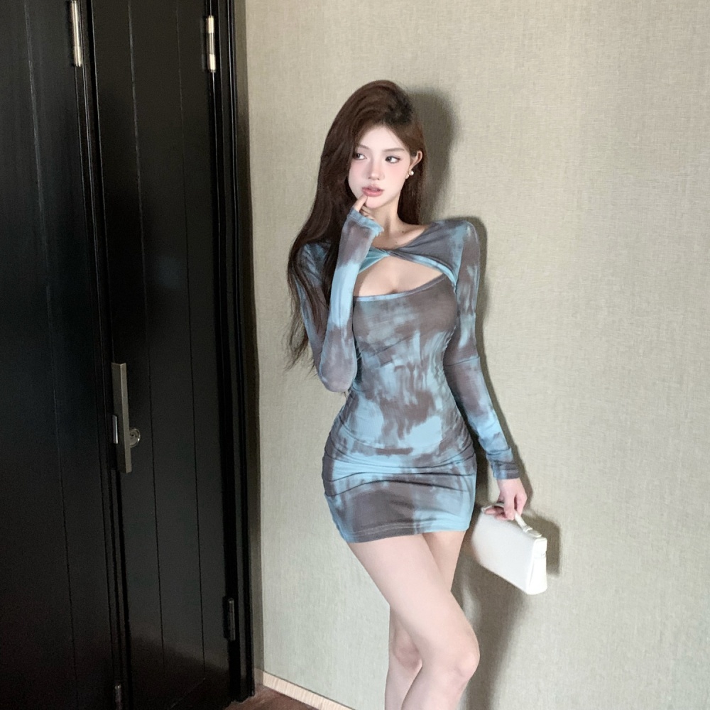 Printing tight long sleeve gauze spicegirl sexy dress