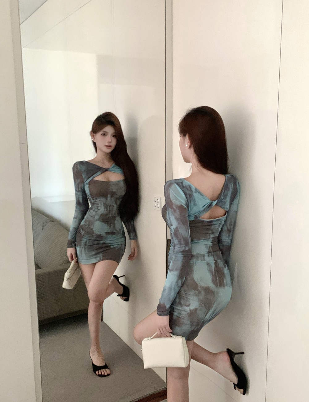 Printing tight long sleeve gauze spicegirl sexy dress