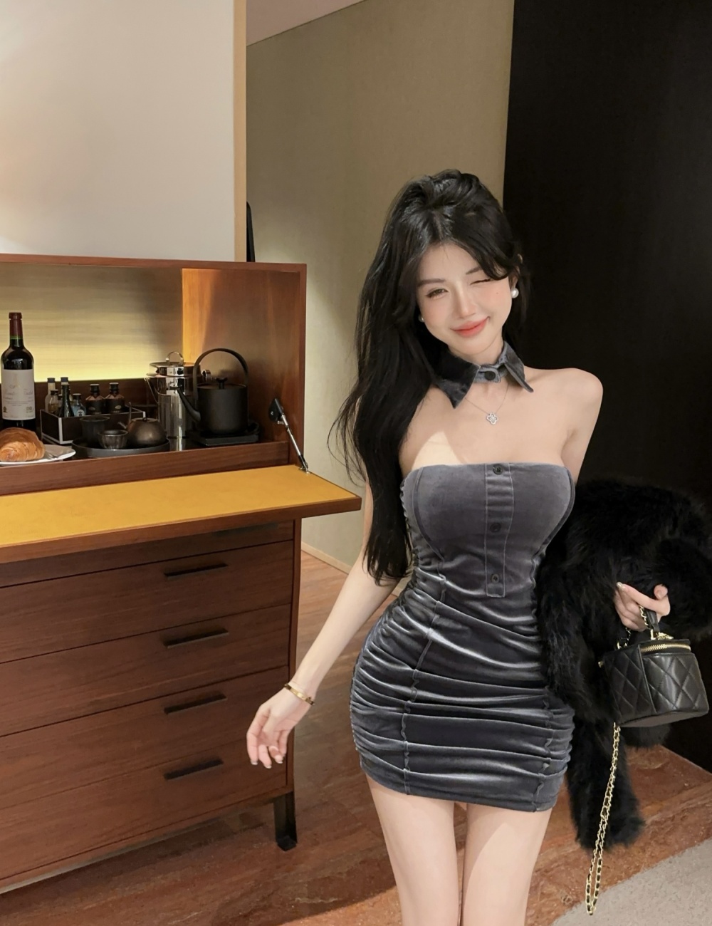 Sexy spicegirl formal dress wrapped chest velvet dress for women