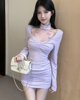 Long sleeve package hip slim halter purple dress for women