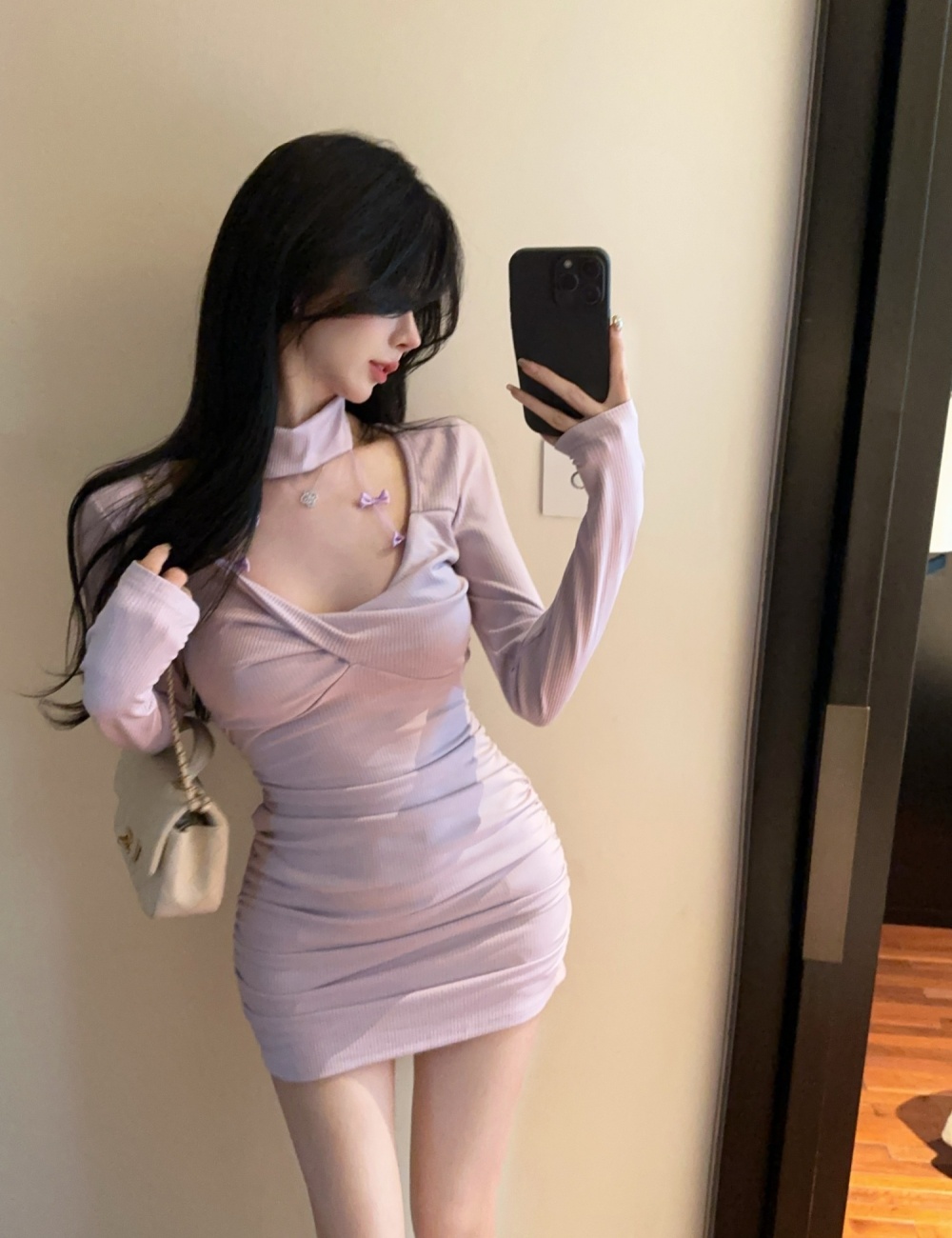 Long sleeve package hip slim halter purple dress for women