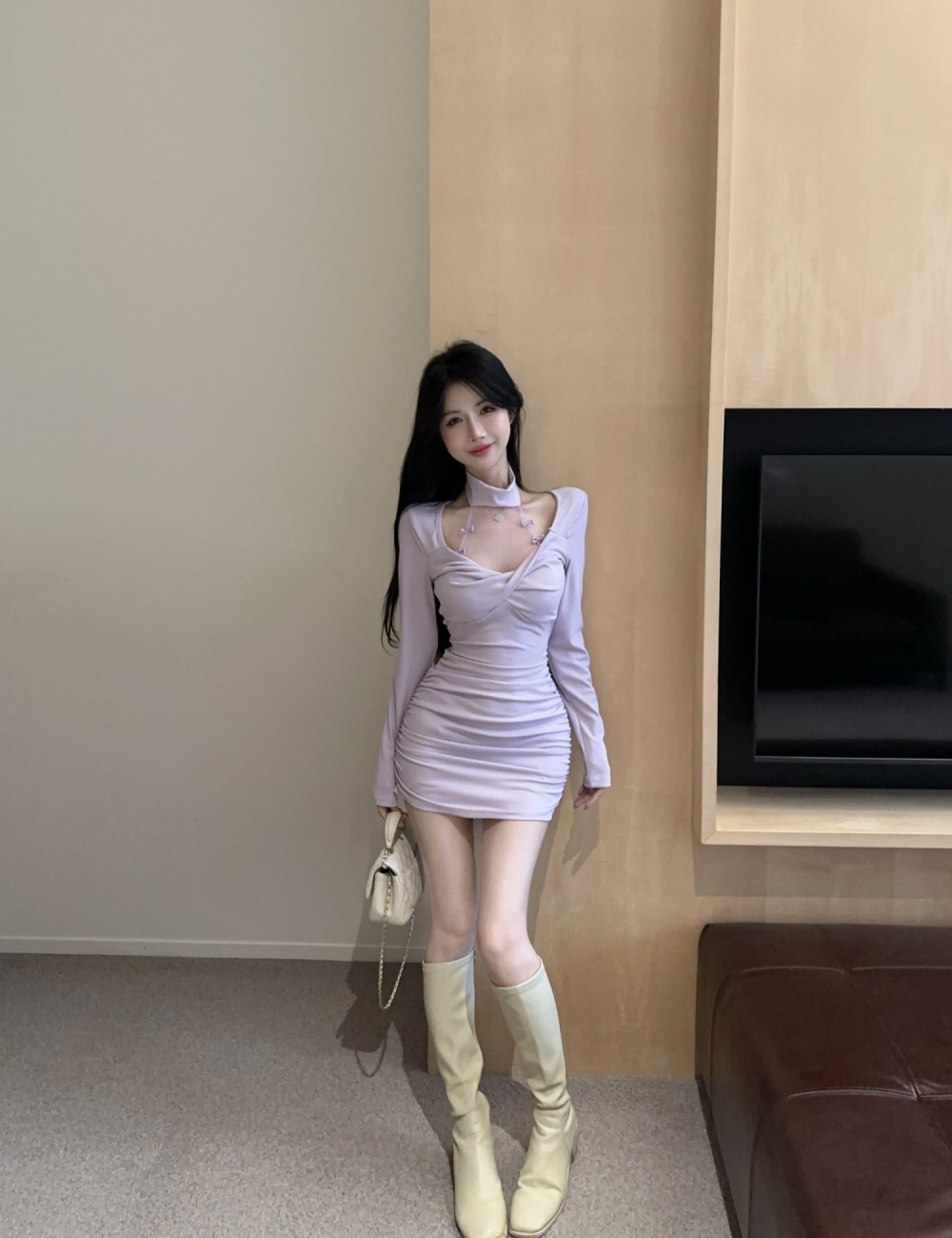 Long sleeve package hip slim halter purple dress for women