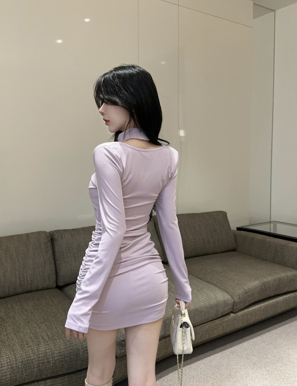 Long sleeve package hip slim halter purple dress for women