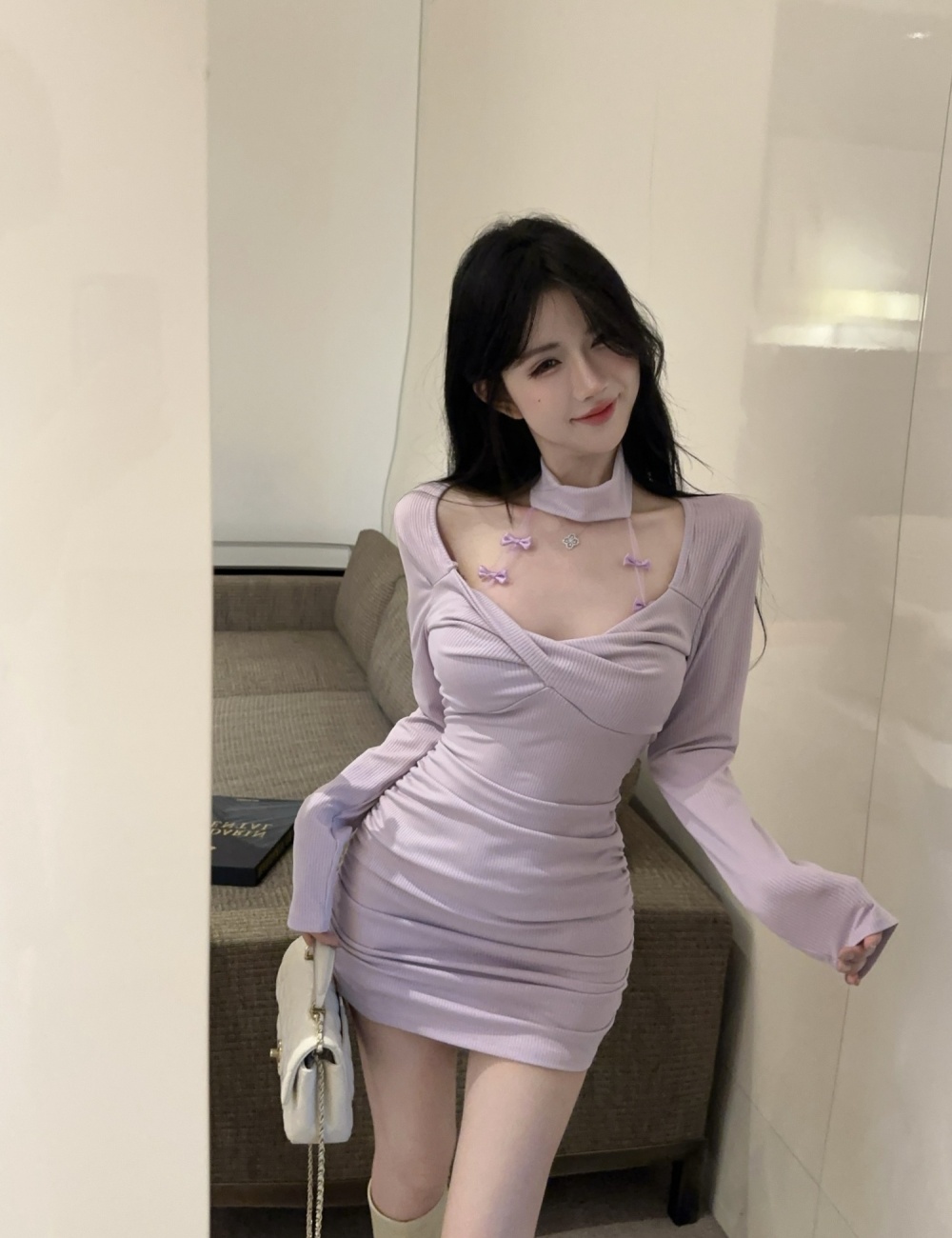 Long sleeve package hip slim halter purple dress for women