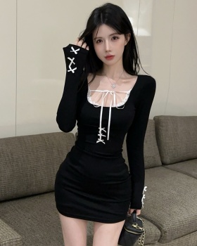 Sexy package hip fashion sweet tight bow black dress