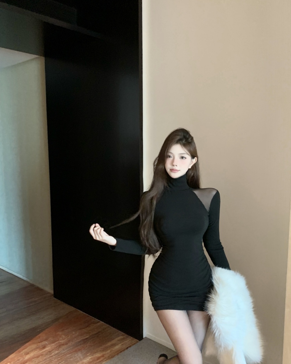 High collar hollow perspective slim dress for women