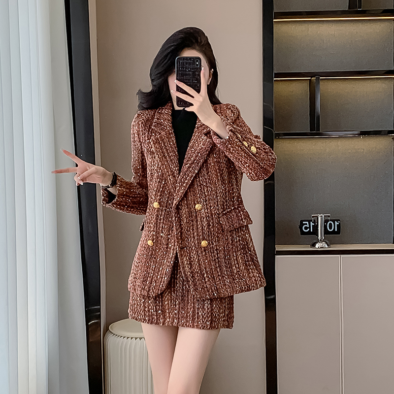 Winter coarse flower short skirt thick coat 2pcs set