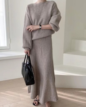 Round neck fashion sweater pullover long skirt 2pcs set