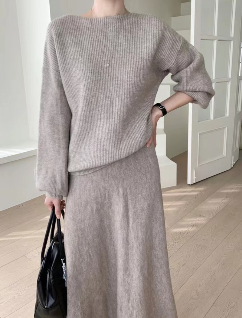 Round neck fashion sweater pullover long skirt 2pcs set