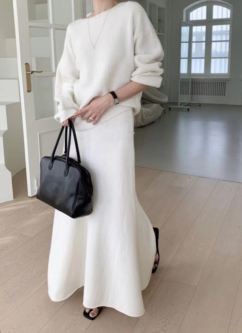 Round neck fashion sweater pullover long skirt 2pcs set