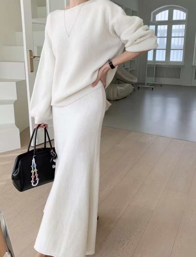 Round neck fashion sweater pullover long skirt 2pcs set