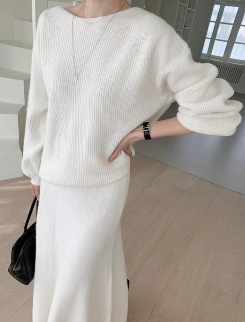 Round neck fashion sweater pullover long skirt 2pcs set