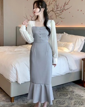 France style puff sleeve elegant pinched waist dress