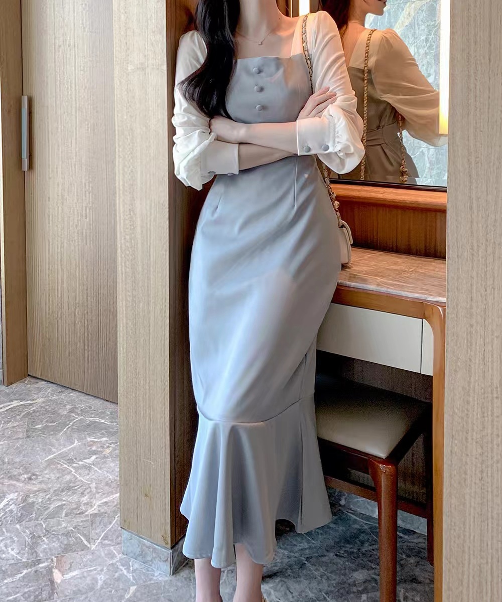 France style puff sleeve elegant pinched waist dress