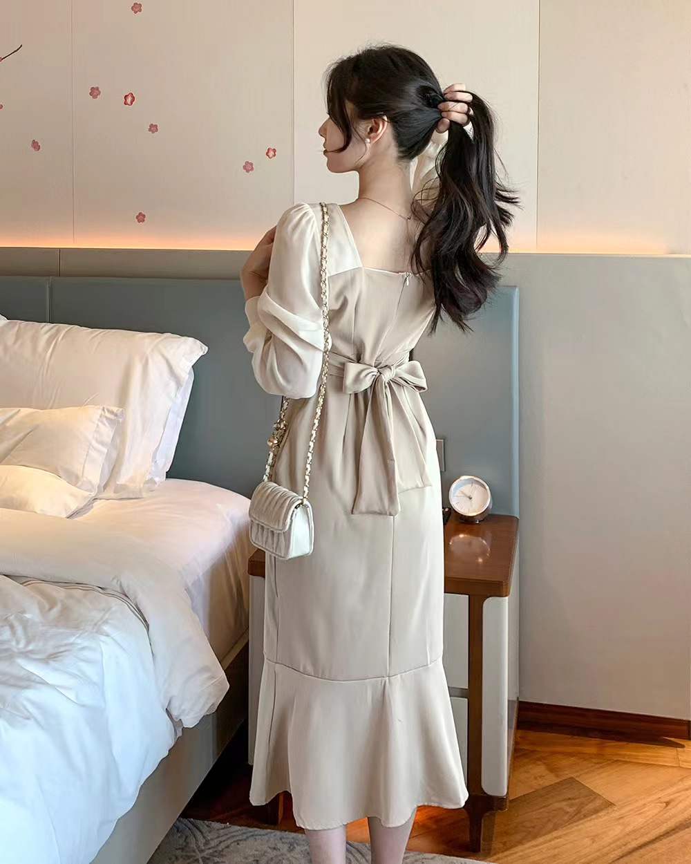 France style puff sleeve elegant pinched waist dress