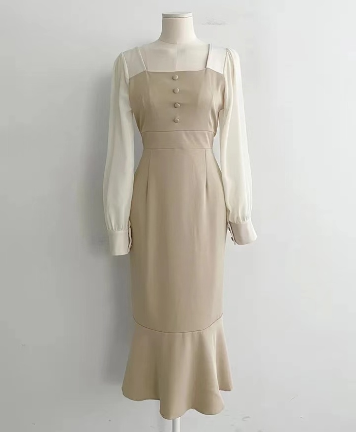 France style puff sleeve elegant pinched waist dress